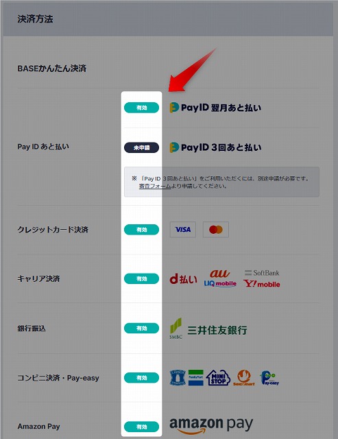 申請を済ますと各決済方法に「有効」と表示