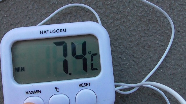 水温計が最低水温7.4℃を表示