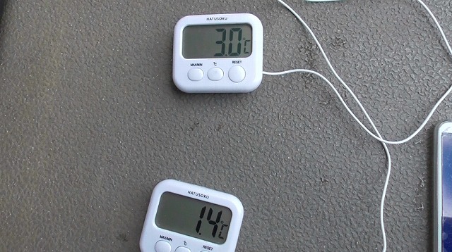 2つの水温計が3.0℃と1.4℃を表示