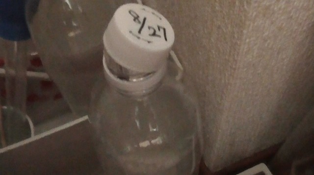 ペットボトルのフタを口にのせて暗所に置いた様子